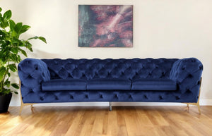 Homeroots 97" Blue Velvet Sofa With Gold Legs   480927