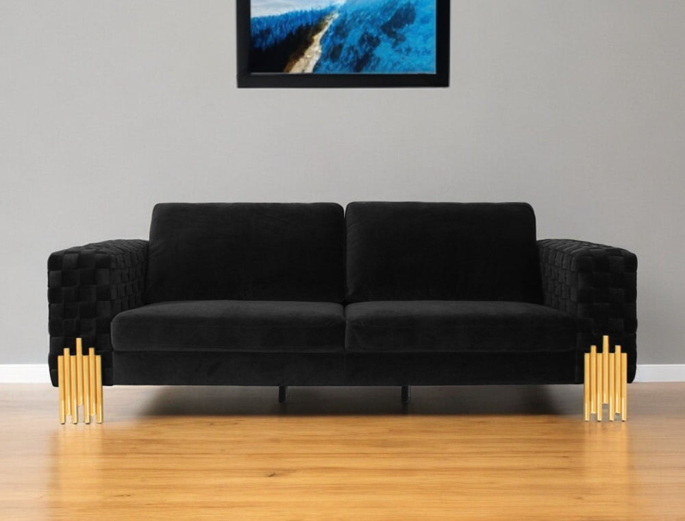 Homeroots 95" Black Velvet Sofa With Gold Legs   480937