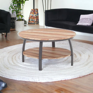 Homeroots 35" Two Tier Wood Grain Oak Manufactured Wood Round Coffee Table   480958