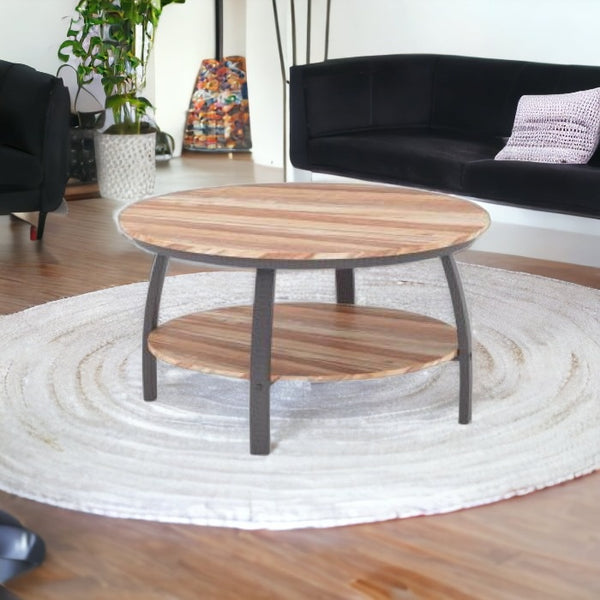 Homeroots 35" Two Tier Wood Grain Oak Manufactured Wood Round Coffee Table   480958