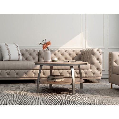 Homeroots 35" Two Tier Wood Grain Oak Manufactured Wood Round Coffee Table   480958