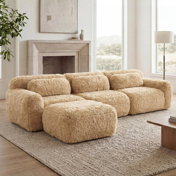 English Elm L-shaped Plush Modular Sectional Sofa with Ottoman and High Resilience Foam Seating Light Khaki W714S01568
