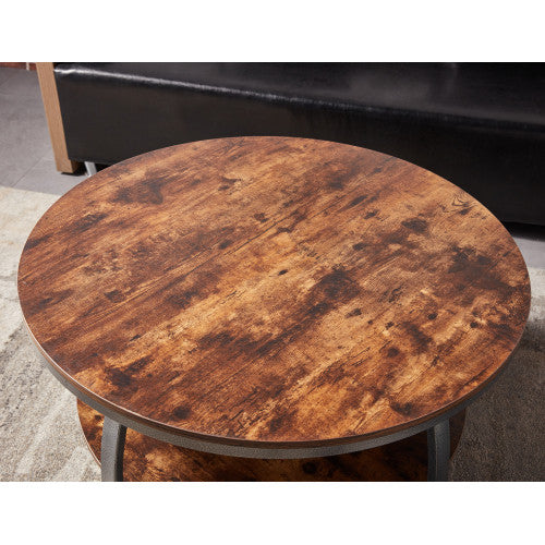Homeroots 35" Two Tier Wood Grain Dark Caramel Manufactured Wood Round Coffee Table   480959