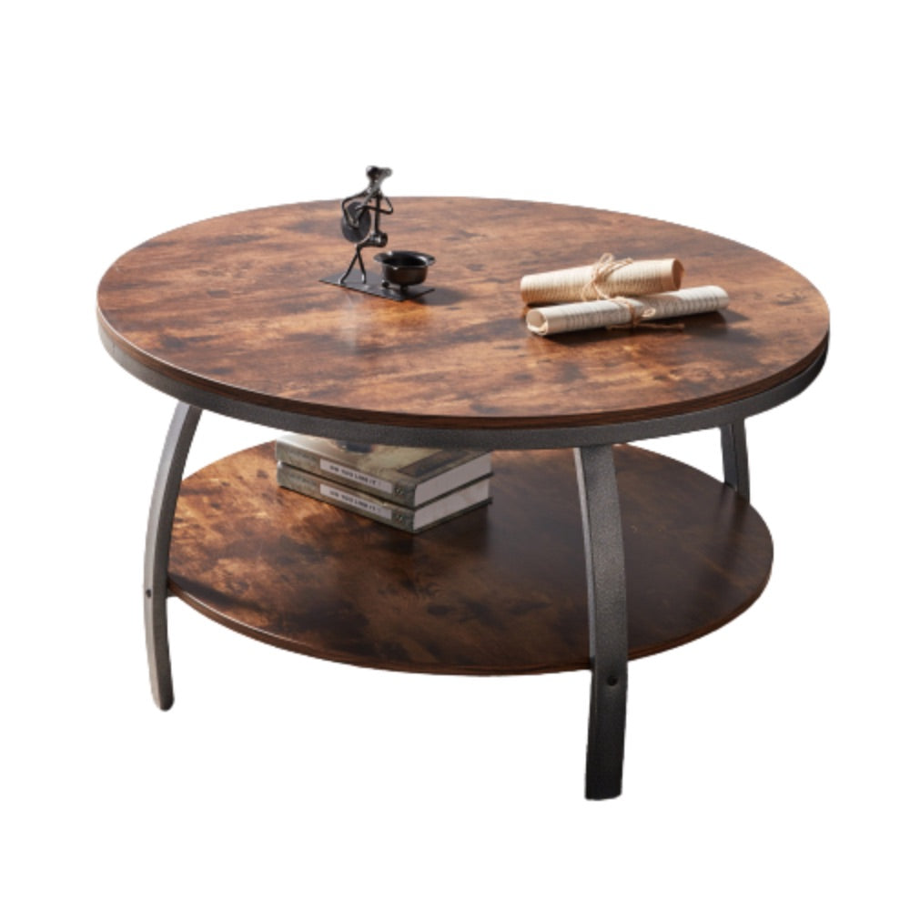 Homeroots 35" Two Tier Wood Grain Dark Caramel Manufactured Wood Round Coffee Table   480959