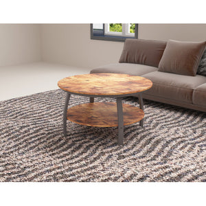 Homeroots 35" Two Tier Wood Grain Dark Caramel Manufactured Wood Round Coffee Table   480959