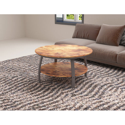 Homeroots 35" Two Tier Wood Grain Dark Caramel Manufactured Wood Round Coffee Table   480959