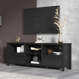 Homeroots 70" Black Open Shelving Tv Stand With Bookcase And Two Drawers  Manufactured Wood 480963