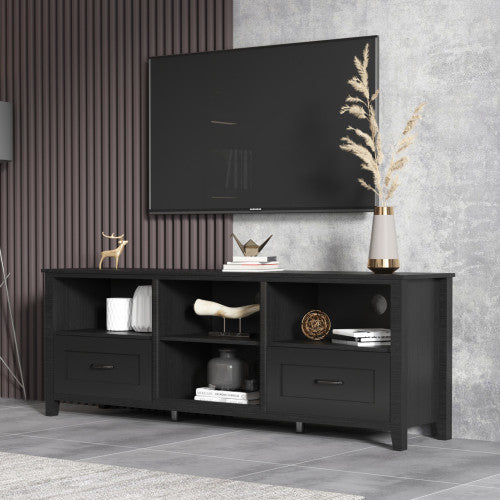Homeroots 70" Black Open Shelving Tv Stand With Bookcase And Two Drawers  Manufactured Wood 480963