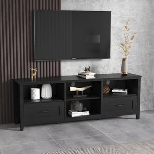 Homeroots 70" Black Open Shelving Tv Stand With Bookcase And Two Drawers  Manufactured Wood 480963