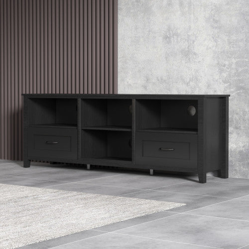Homeroots 70" Black Open Shelving Tv Stand With Bookcase And Two Drawers  Manufactured Wood 480963