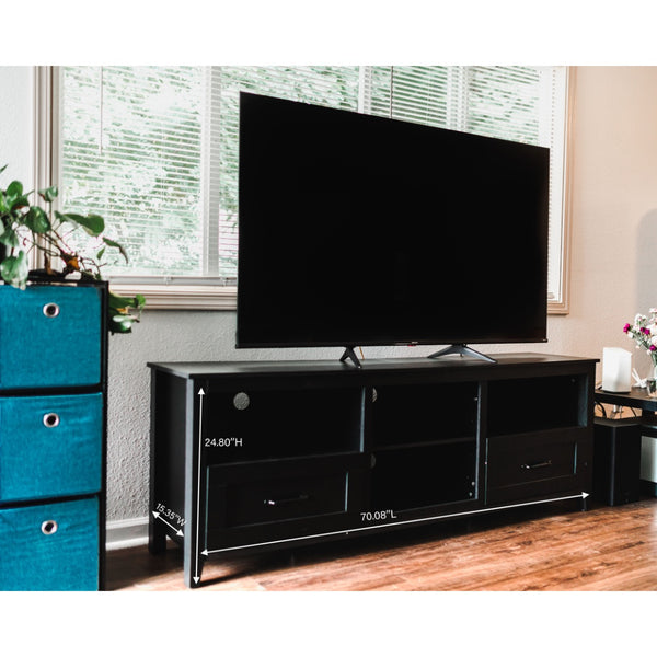 Homeroots 70" Black Open Shelving Tv Stand With Bookcase And Two Drawers  Manufactured Wood 480963