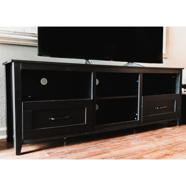 Homeroots 70" Black Open Shelving Tv Stand With Bookcase And Two Drawers  Manufactured Wood 480963