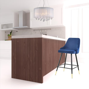 Homeroots Set Of Two 26" Blue And Black And Gold Velvet And Iron Low Back Counter Height Bar Chairs   480968