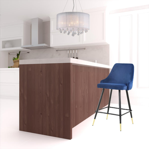 Homeroots Set Of Two 26" Blue And Black And Gold Velvet And Iron Low Back Counter Height Bar Chairs   480968