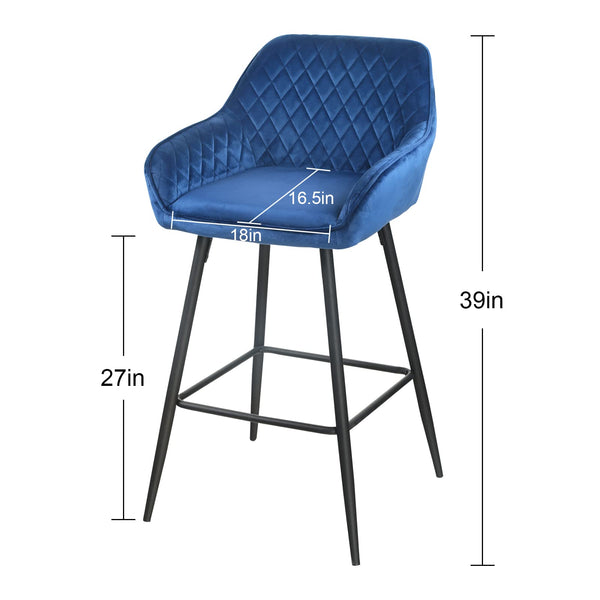 Homeroots Set Of Two 26" Blue And Black And Gold Velvet And Iron Low Back Counter Height Bar Chairs   480968