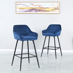 Homeroots Set Of Two 26" Blue And Black And Gold Velvet And Iron Low Back Counter Height Bar Chairs   480968