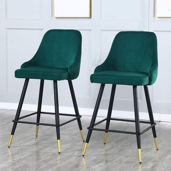 Homeroots Set Of Two 26" Green And Black And Gold Velvet And Iron Low Back Counter Height Bar Chairs   480969
