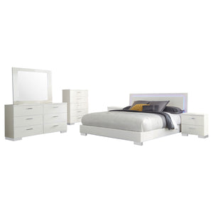 English Elm August Glossy White 6-Piece Bedroom Set - Modern Panel Bed With Led Lights, Chrome Accents & Storage B062S00964