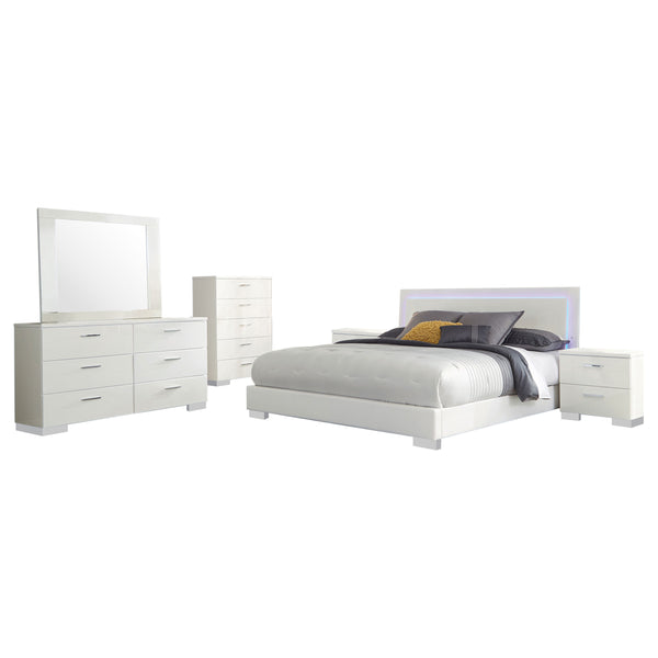 English Elm August Glossy White 6-Piece Bedroom Set - Modern Panel Bed With Led Lights, Chrome Accents & Storage B062S00964