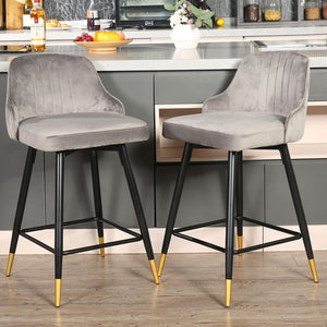 Homeroots Set Of Two 26" Gray And Black And Gold Velvet And Iron Low Back Counter Height Bar Chairs   480970