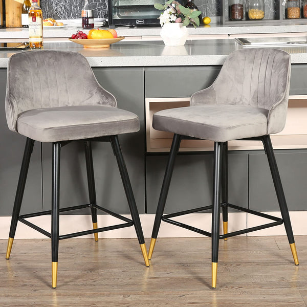 Homeroots Set Of Two 26" Gray And Black And Gold Velvet And Iron Low Back Counter Height Bar Chairs   480970