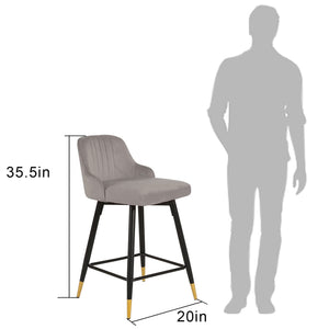 Homeroots Set Of Two 26" Gray And Black And Gold Velvet And Iron Low Back Counter Height Bar Chairs   480970