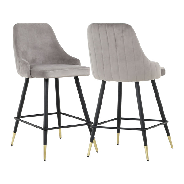 Homeroots Set Of Two 26" Gray And Black And Gold Velvet And Iron Low Back Counter Height Bar Chairs   480970