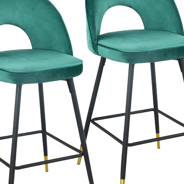 Homeroots Set Of Two 27" Green Black And Gold Velvet Low Back Counter Height Bar Chairs   480975