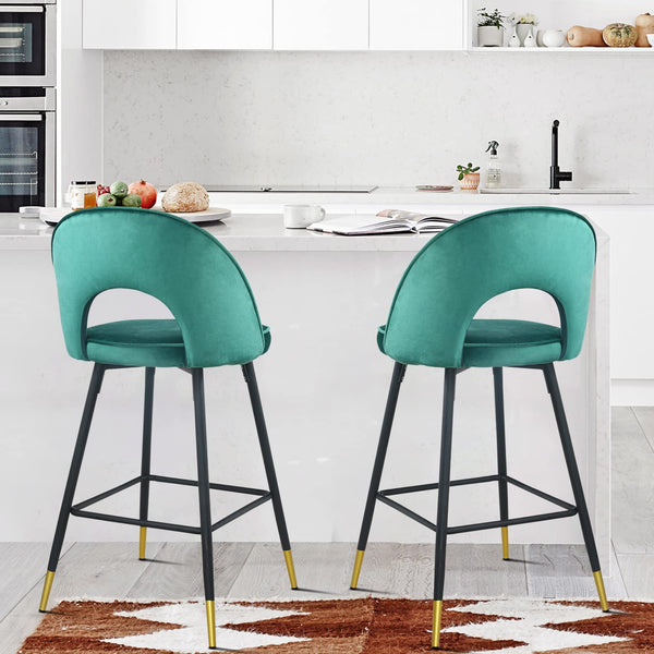 Homeroots Set Of Two 27" Green Black And Gold Velvet Low Back Counter Height Bar Chairs   480975