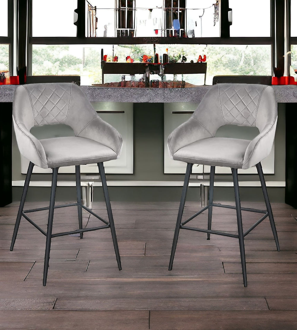 Homeroots Set Of Two 27" Gray And Black Velvet And Iron Low Back Counter Height Bar Chairs   480978