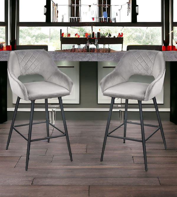Homeroots Set Of Two 27" Gray And Black Velvet And Iron Low Back Counter Height Bar Chairs   480978