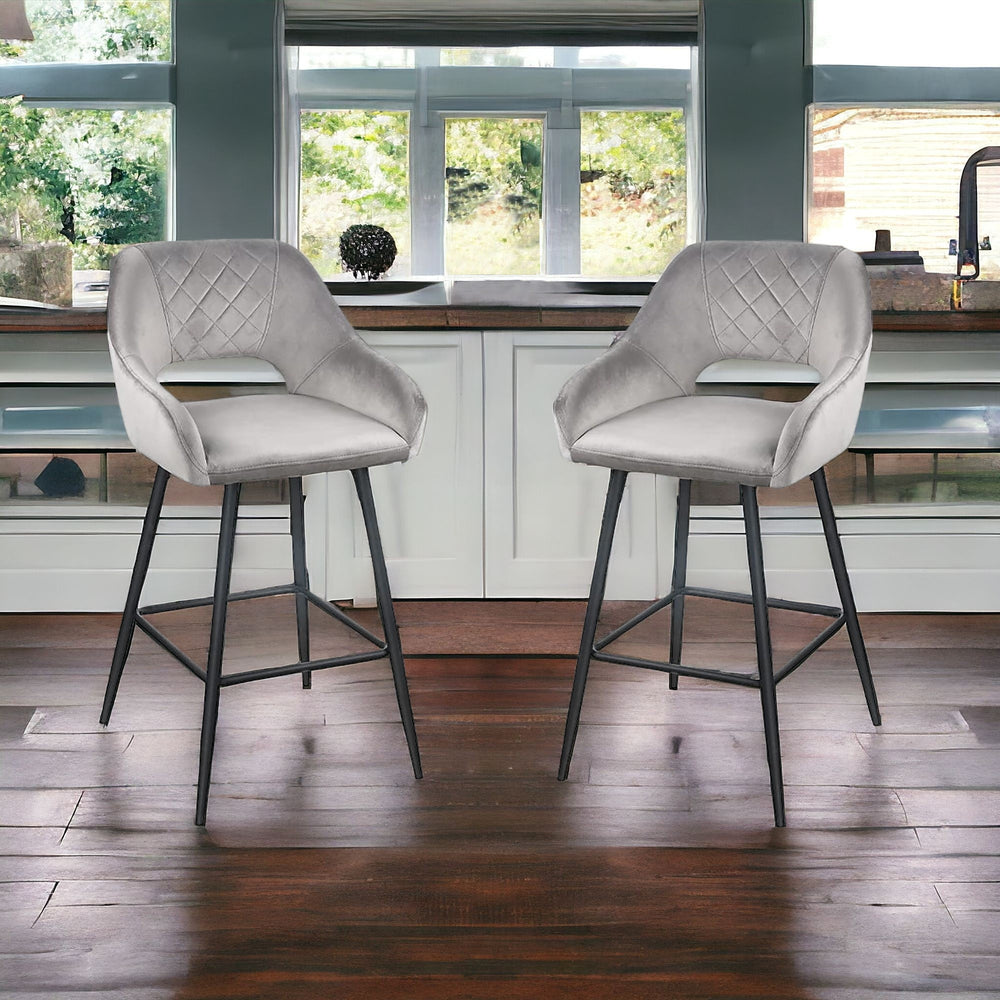 Homeroots Set Of Two 27" Gray And Black Velvet And Iron Low Back Counter Height Bar Chairs   480978