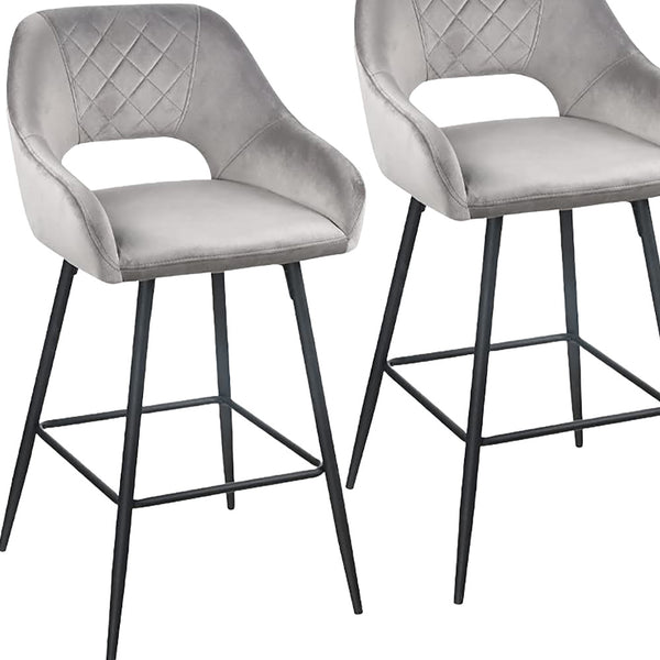 Homeroots Set Of Two 27" Gray And Black Velvet And Iron Low Back Counter Height Bar Chairs   480978