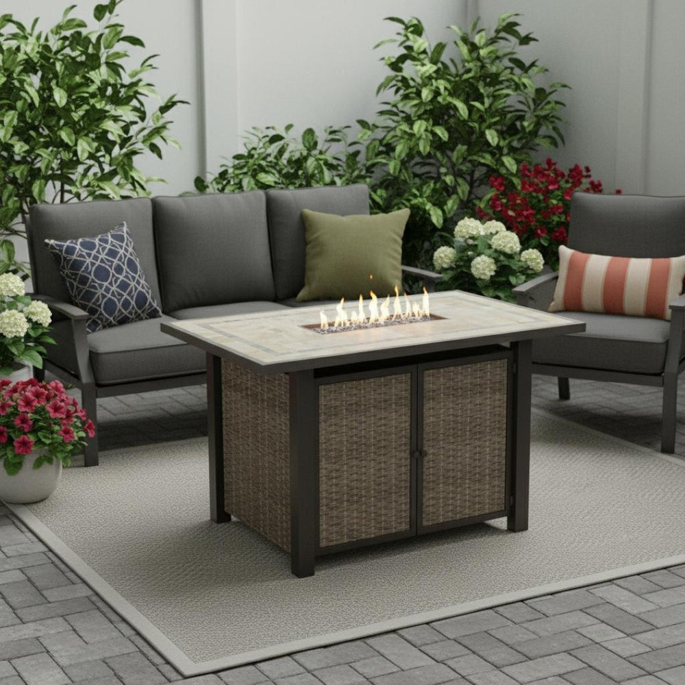HomeRoots 50000 BTU Brown Steel Propane Fire Pit Table with Clear Glass Top & Cover – Stylish Outdoor Heating 480980
