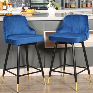 Homeroots Set Of Two 25" Blue And Black And Gold Velvet And Iron Swivel Low Back Counter Height Bar Chairs   480983