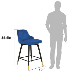 Homeroots Set Of Two 25" Blue And Black And Gold Velvet And Iron Swivel Low Back Counter Height Bar Chairs   480983