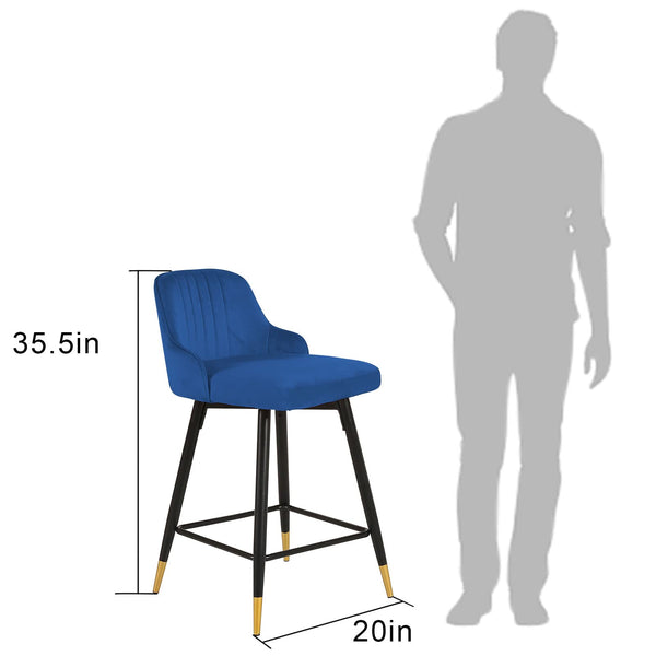 Homeroots Set Of Two 25" Blue And Black And Gold Velvet And Iron Swivel Low Back Counter Height Bar Chairs   480983