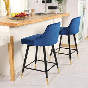 Homeroots Set Of Two 25" Blue And Black And Gold Velvet And Iron Swivel Low Back Counter Height Bar Chairs   480983