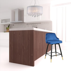 Homeroots Set Of Two 25" Blue And Black And Gold Velvet And Iron Swivel Low Back Counter Height Bar Chairs   480983