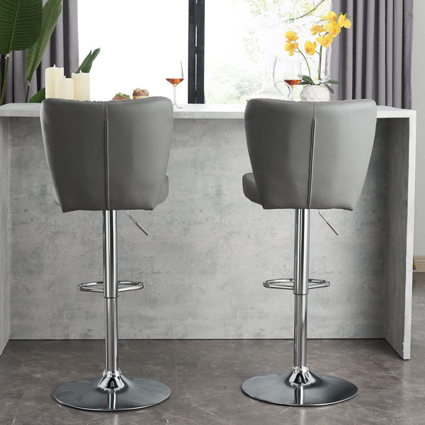 Homeroots Set Of Two 38" Gray And Silver Faux Leather And Iron Swivel Low Back Bar Chairs   480984