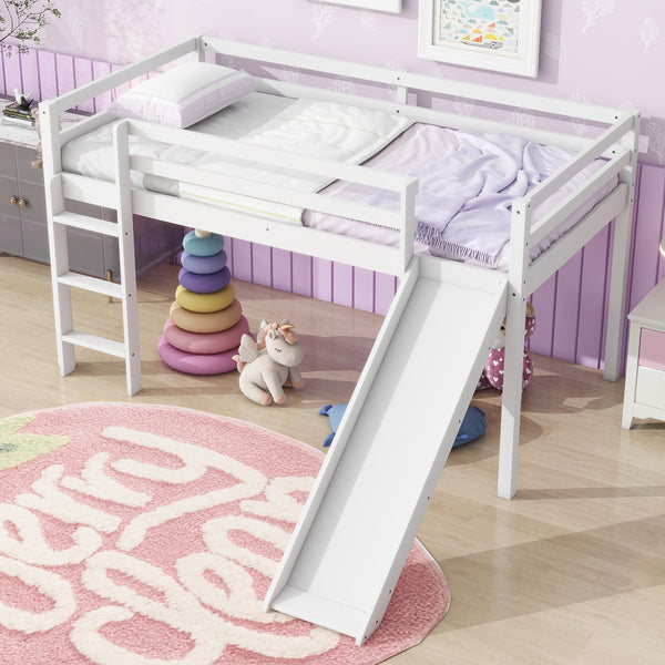 English Elm Twin Low Loft Bed with Slide and Ladder for Kids, Rubberwood Frame, Safety Guardrails & Playspace White W504P218525