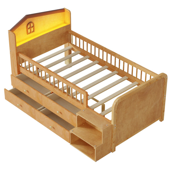 English Elm Low Twin Loft Bed with House-Style Headboard and Built-In LED Lights for Modern Kids' Rooms Natural 42.91 L x 28.35 W x 6.69 H W2593S00007
