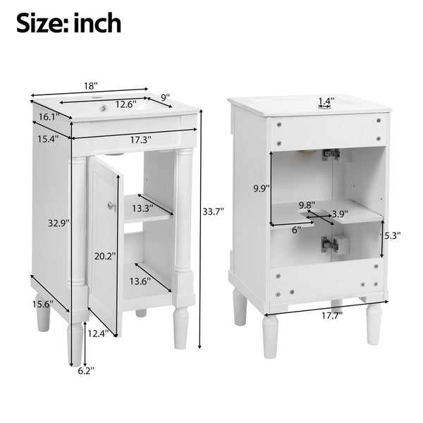 English Elm 18" French Style Vanity with Ceramic Sink Soft Close Door and Adjustable Shelf White N710P415332K