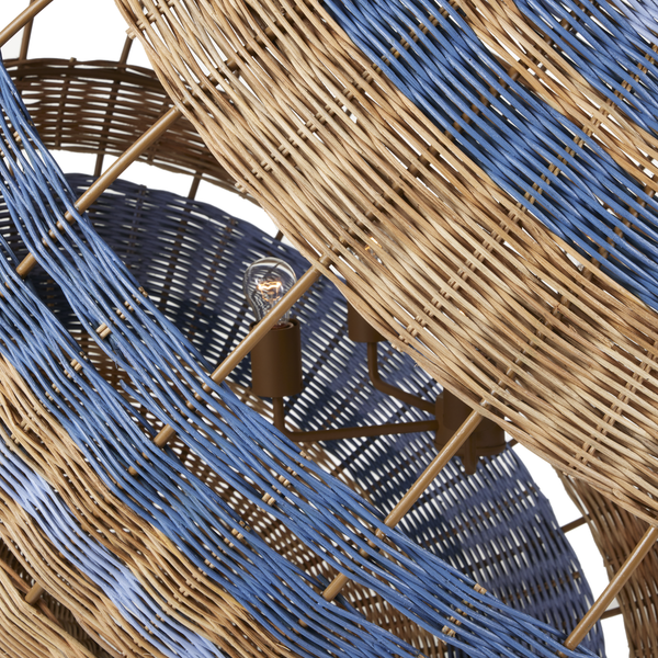 Senjyo Tilted Orb Chandelier – Artisan Rattan & Wrought Iron Pendant Light in Blue & Khaki Finish