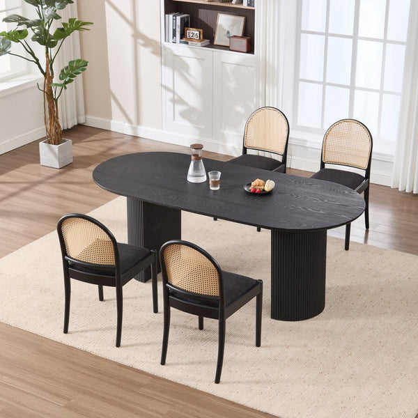 English Elm Rattan Backrest Dining Chairs Set of 2 Teddy Fabric Cushion Solid Wood Legs Kitchen Black W3244P475533