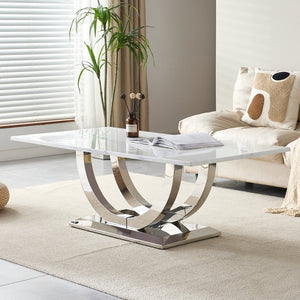 English Elm 50.4 Inch Rectangular Coffee Table Marble Mdf Top Sculptural Steel Arc Base Modern W3357P395502