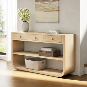 English Elm [video] Sculptural Console Table Pine Wood Curved Legs Soft-close Drawers Open Shelving Entryway Natural N759P433560N