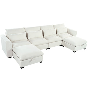 English Elm U_style Modular U-shaped Sectional Sofa with Storage Ottomans Linen Polyester 6 Seat Beige WY000462AAA