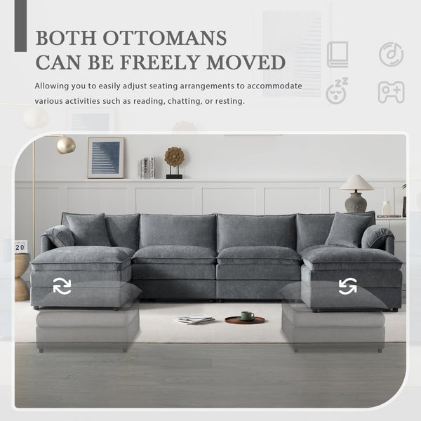 English Elm [new U-shaped Chenille Cloud Sectional 6 Seat Modular Sofa with Movable Ottoman Dark Gray N723S6546B