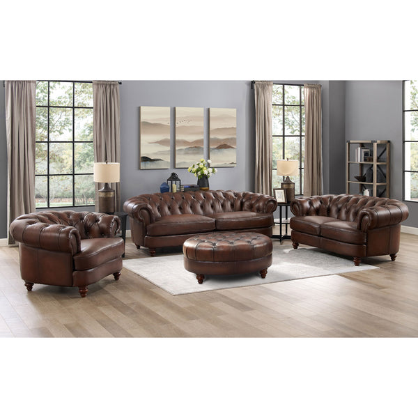 English Elm Newport Hand-Finished Leather Sofa with Nailhead Trim, Serpentine Front Rail & Turned Wood Legs B2705P211810